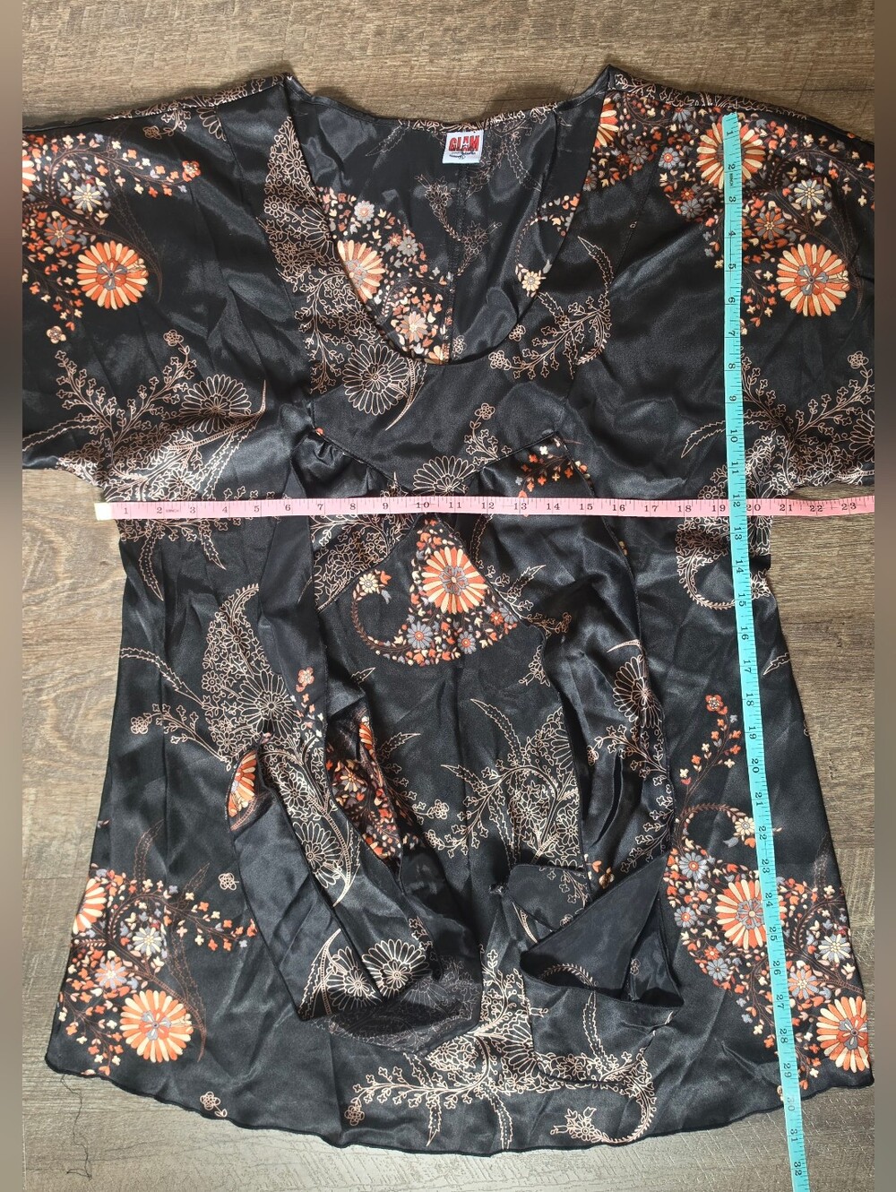 Y2K Vintage GLAM South Beach Satin Kimono Tunic Womens XL Black Dark Boho Floral - Picture 9 of 12